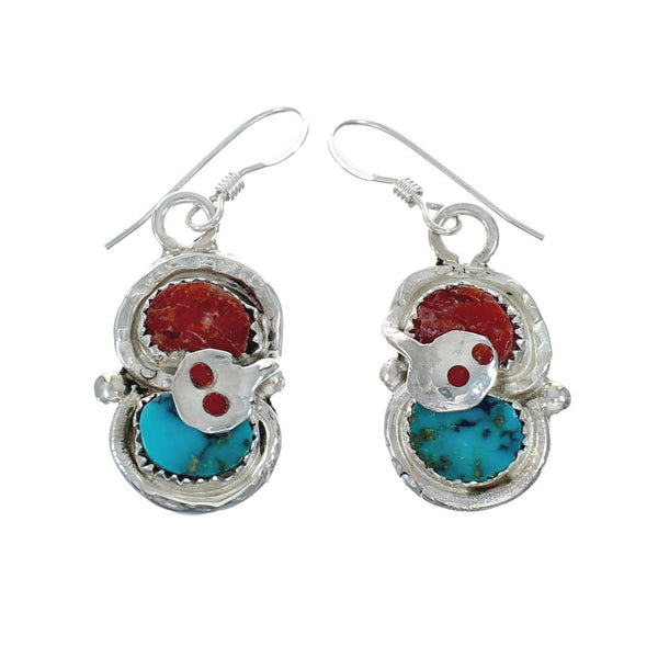 Turquoise Coral Zuni Effie Calavaza Silver Snake Hook Earrings NN20351